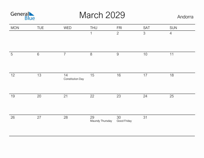 Printable March 2029 Calendar for Andorra