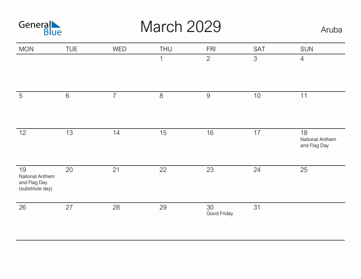 Printable March 2029 Calendar for Aruba