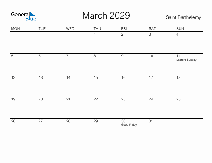 Printable March 2029 Calendar for Saint Barthelemy