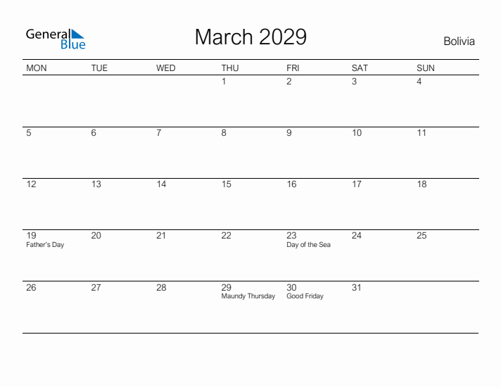 Printable March 2029 Calendar for Bolivia