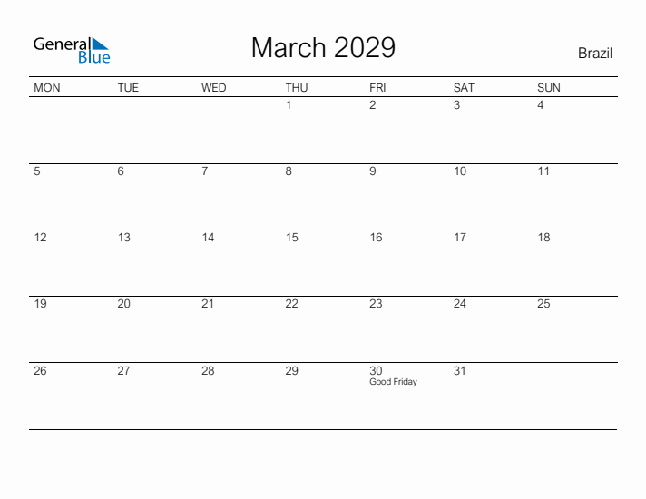 Printable March 2029 Calendar for Brazil