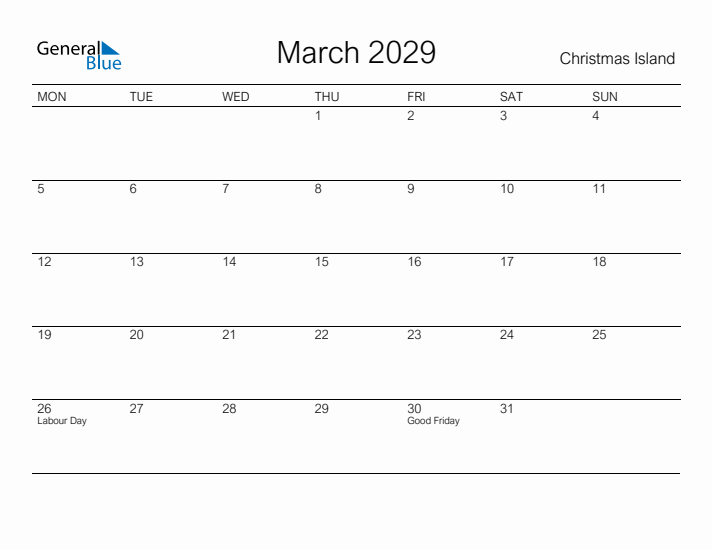 Printable March 2029 Calendar for Christmas Island