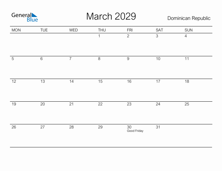 Printable March 2029 Calendar for Dominican Republic