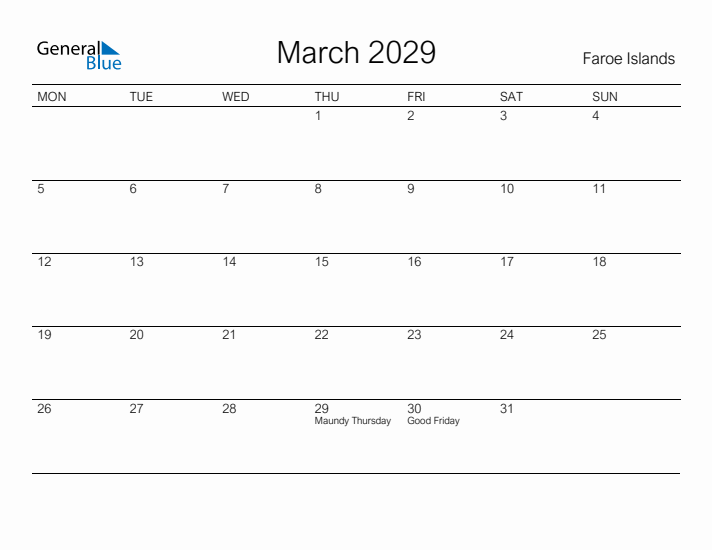 Printable March 2029 Calendar for Faroe Islands