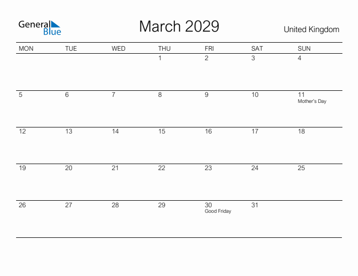 Printable March 2029 Calendar for United Kingdom