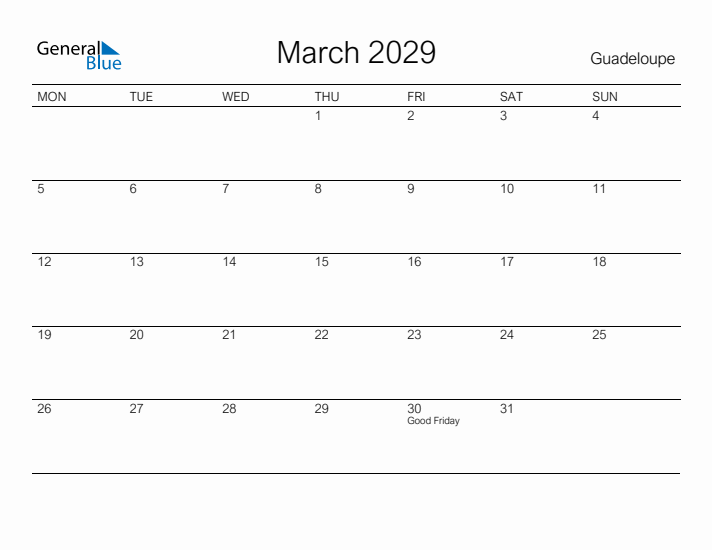 Printable March 2029 Calendar for Guadeloupe