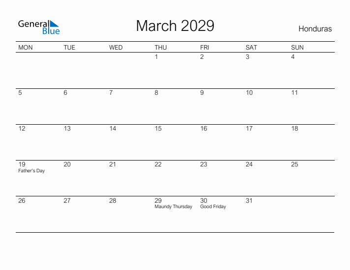 Printable March 2029 Calendar for Honduras