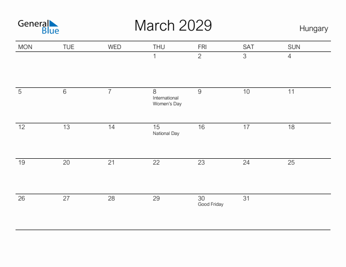 Printable March 2029 Calendar for Hungary