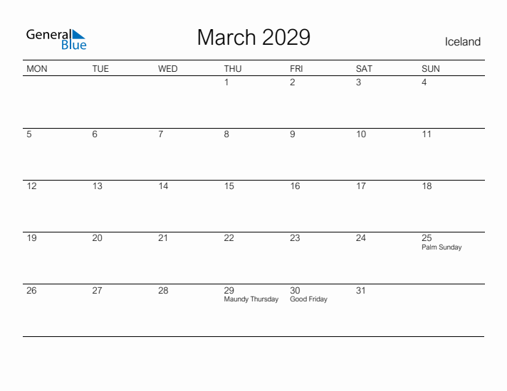 Printable March 2029 Calendar for Iceland