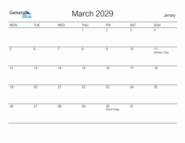 Printable March 2029 Calendar for Jersey