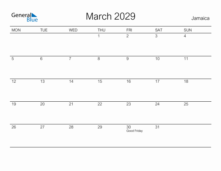 Printable March 2029 Calendar for Jamaica