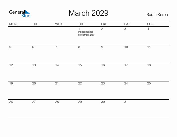 Printable March 2029 Calendar for South Korea
