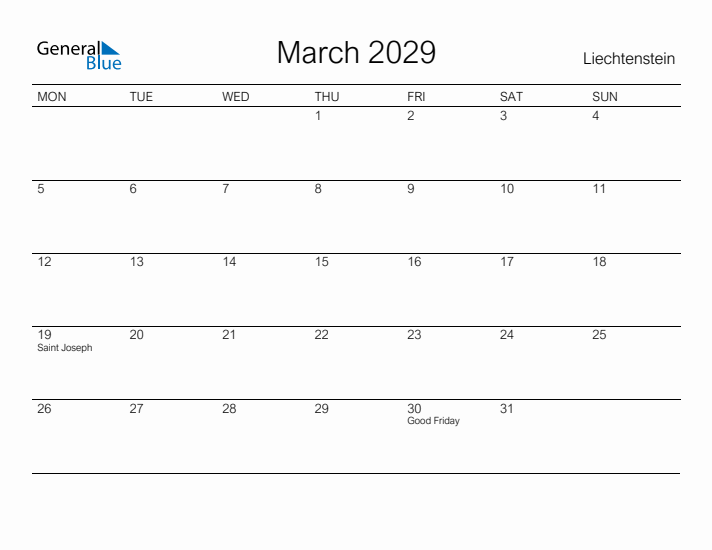Printable March 2029 Calendar for Liechtenstein