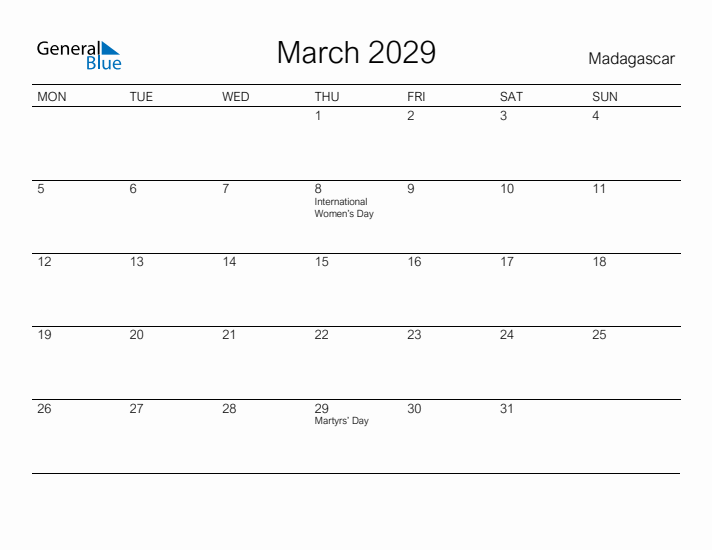 Printable March 2029 Calendar for Madagascar