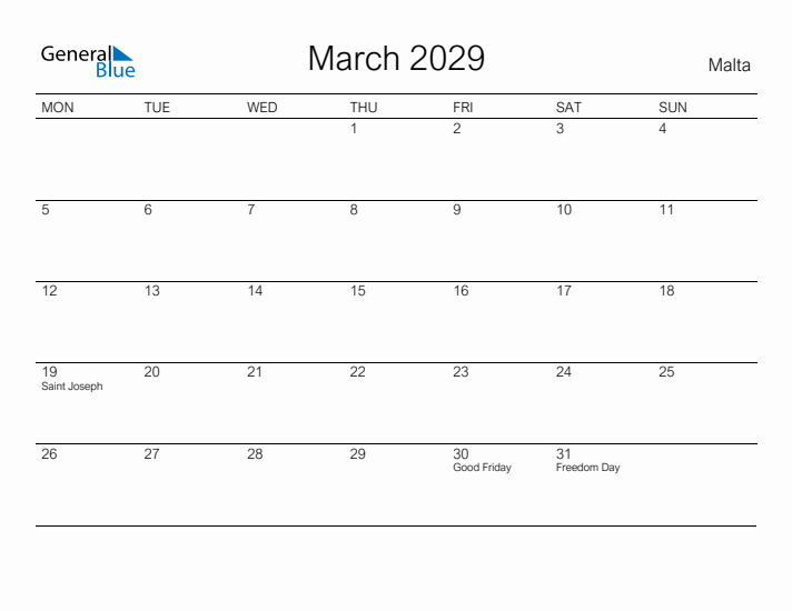 Printable March 2029 Calendar for Malta