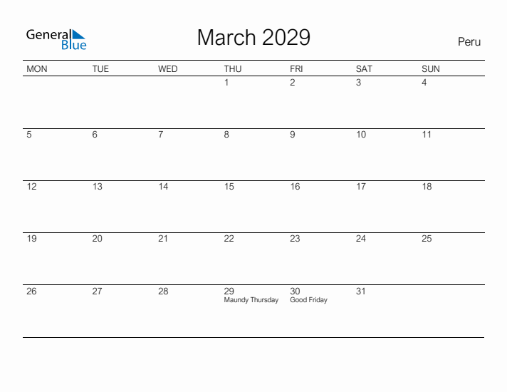 Printable March 2029 Calendar for Peru