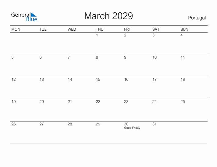 Printable March 2029 Calendar for Portugal
