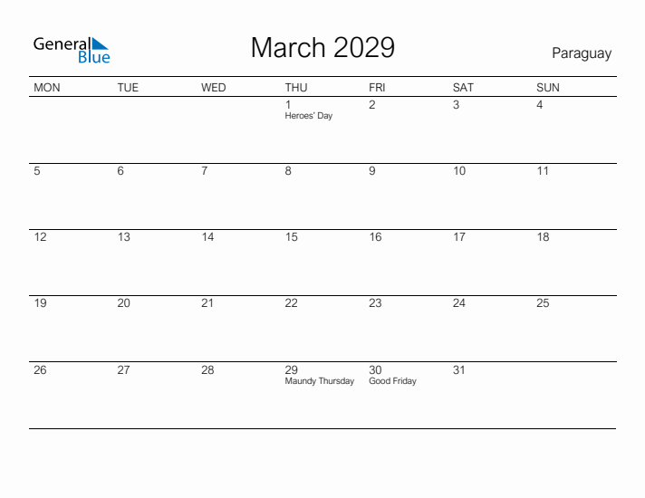 Printable March 2029 Calendar for Paraguay