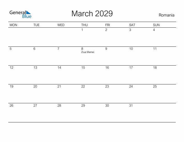Printable March 2029 Calendar for Romania
