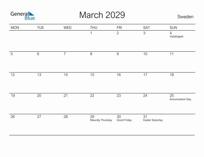 Printable March 2029 Calendar for Sweden