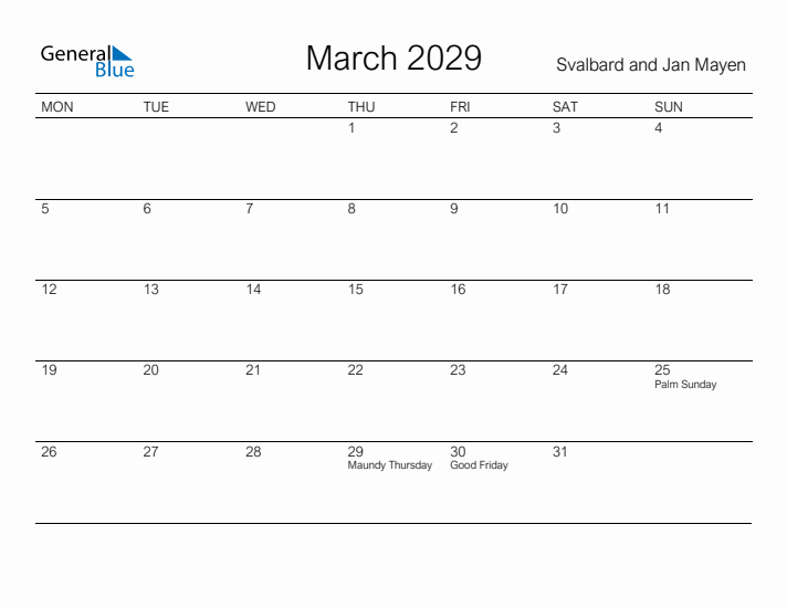 Printable March 2029 Calendar for Svalbard and Jan Mayen