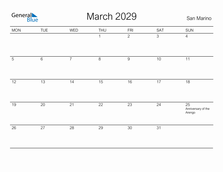 Printable March 2029 Calendar for San Marino