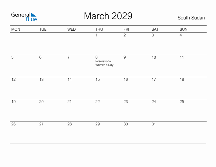 Printable March 2029 Calendar for South Sudan