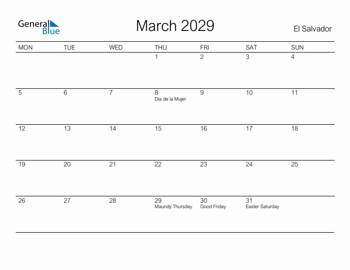 Printable March 2029 Calendar for El Salvador