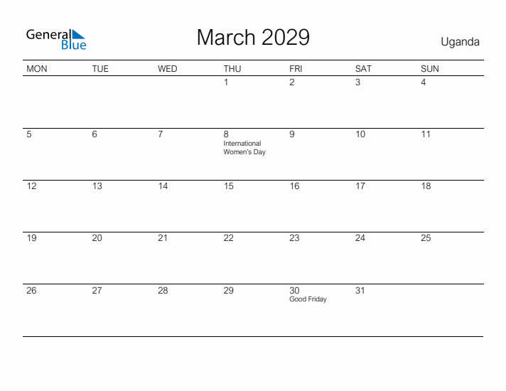 Printable March 2029 Calendar for Uganda