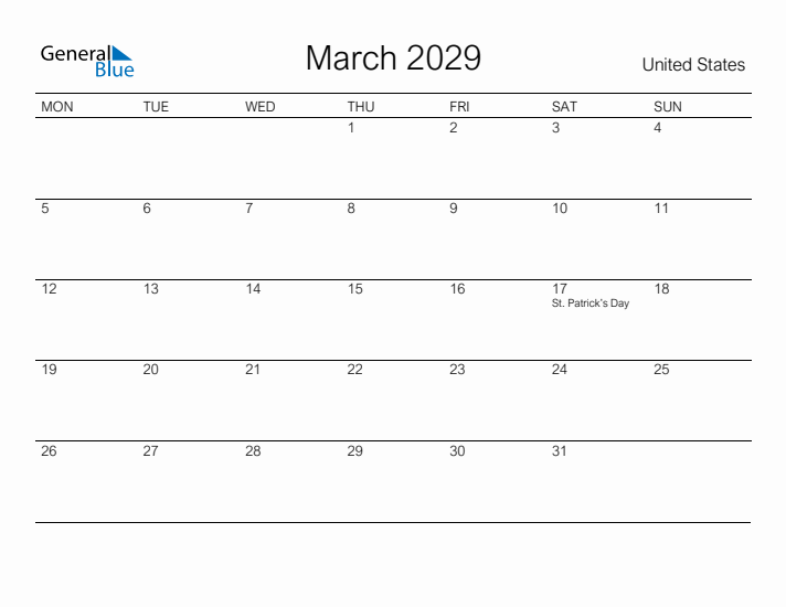 Printable March 2029 Calendar for United States
