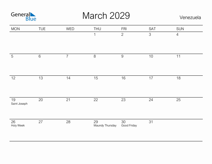 Printable March 2029 Calendar for Venezuela