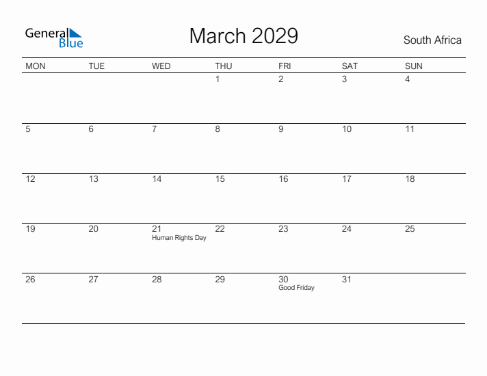 Printable March 2029 Calendar for South Africa