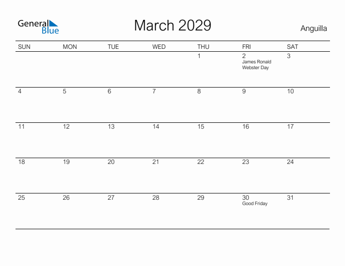 Printable March 2029 Calendar for Anguilla