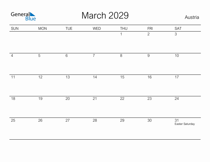 Printable March 2029 Calendar for Austria