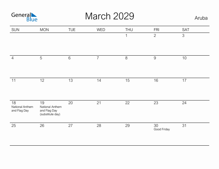 Printable March 2029 Calendar for Aruba
