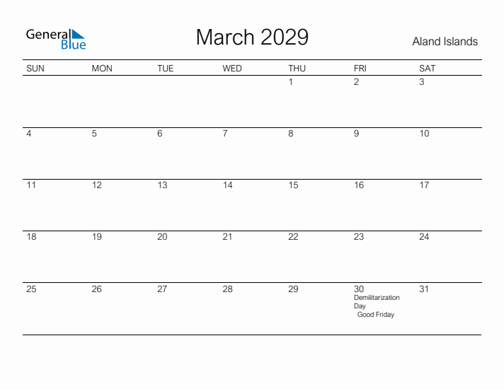 Printable March 2029 Calendar for Aland Islands