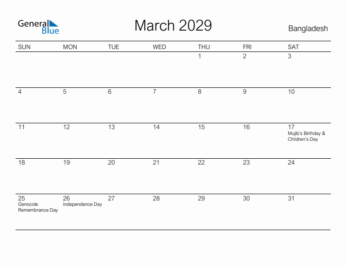 Printable March 2029 Calendar for Bangladesh