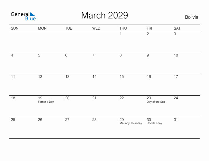 Printable March 2029 Calendar for Bolivia