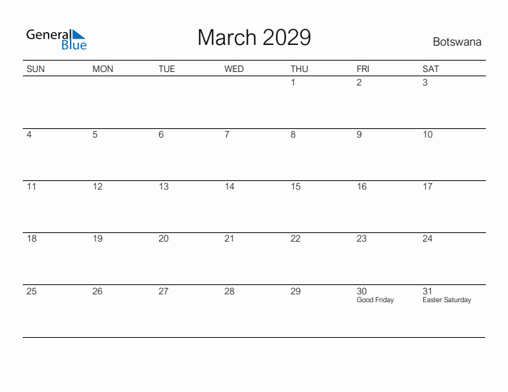 Printable March 2029 Calendar for Botswana