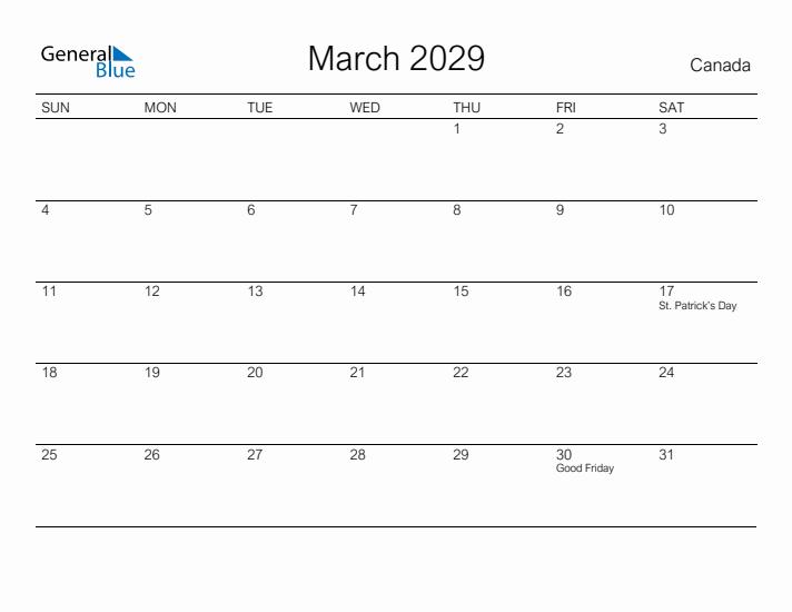 Printable March 2029 Calendar for Canada