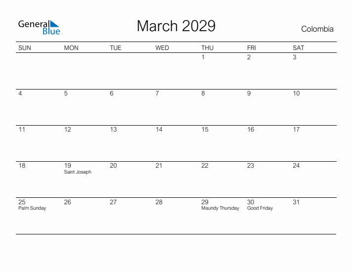 Printable March 2029 Calendar for Colombia