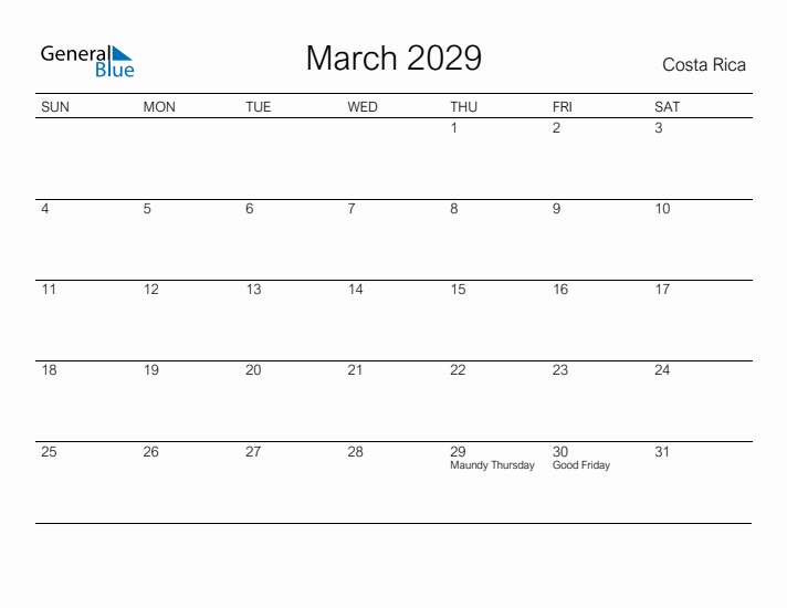 Printable March 2029 Calendar for Costa Rica