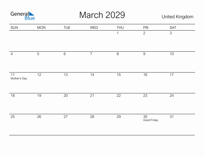 Printable March 2029 Calendar for United Kingdom