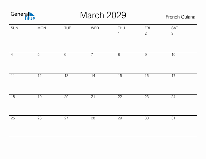 Printable March 2029 Calendar for French Guiana
