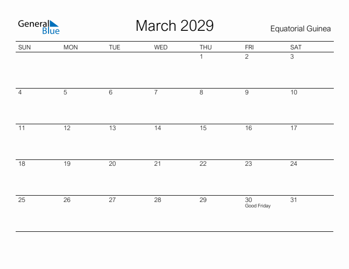 Printable March 2029 Calendar for Equatorial Guinea