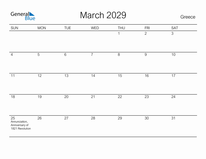 Printable March 2029 Calendar for Greece
