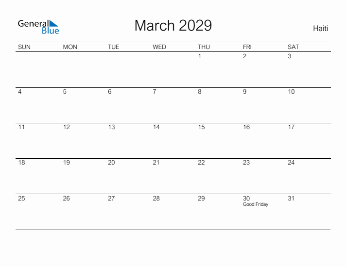 Printable March 2029 Calendar for Haiti