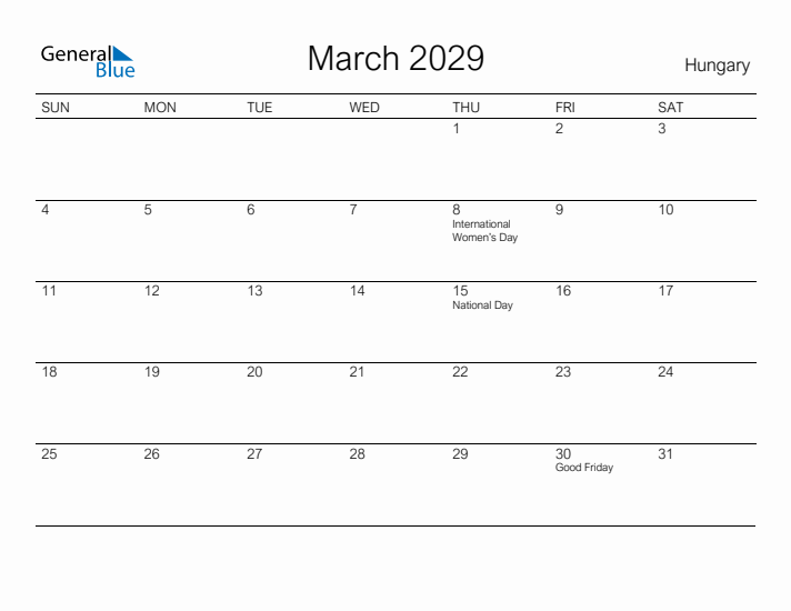 Printable March 2029 Calendar for Hungary