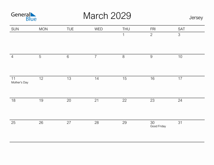 Printable March 2029 Calendar for Jersey