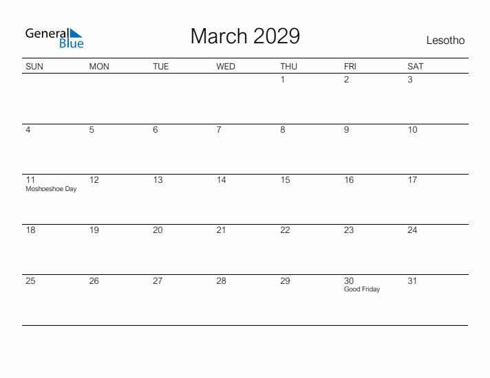 Printable March 2029 Calendar for Lesotho